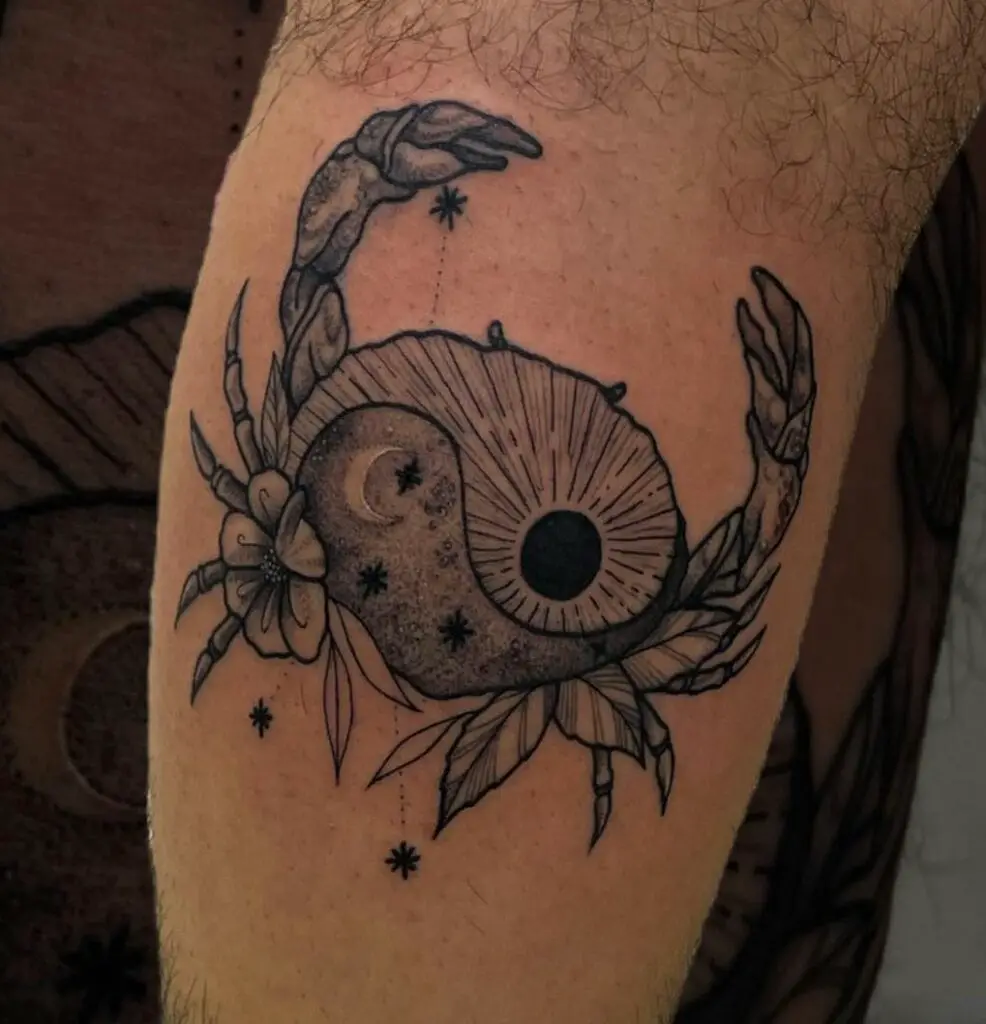 Floral Yin Yang Crescent Moon And Sun Crab Constellation Arm Tattoo Design