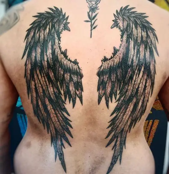 Flower Angel Fallen Wing Full Back Tattoo