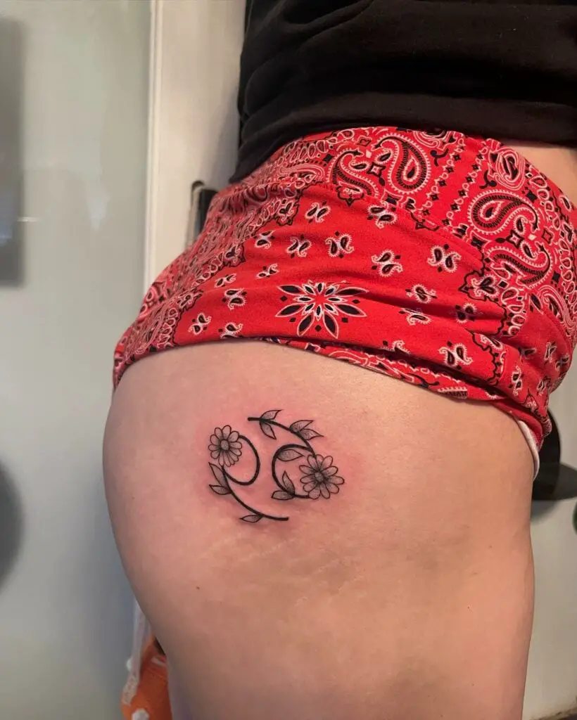 Flowers And Leaves Strings Cancer Zodiac Sign Butt Tattoo