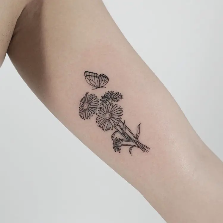 Flying Butterfly and Aster Flower Arm Tattoo Design