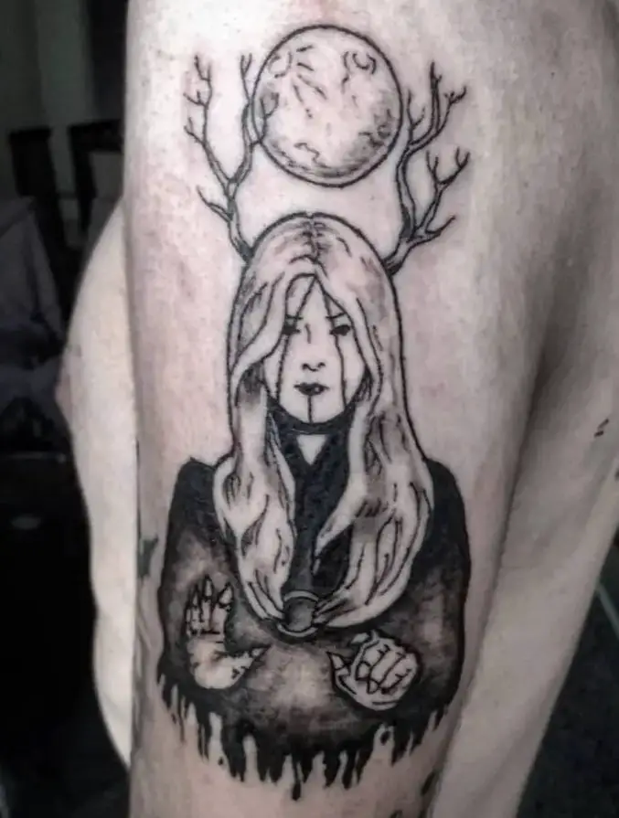 Full Moon Blonde Witch with Horns Tattoo