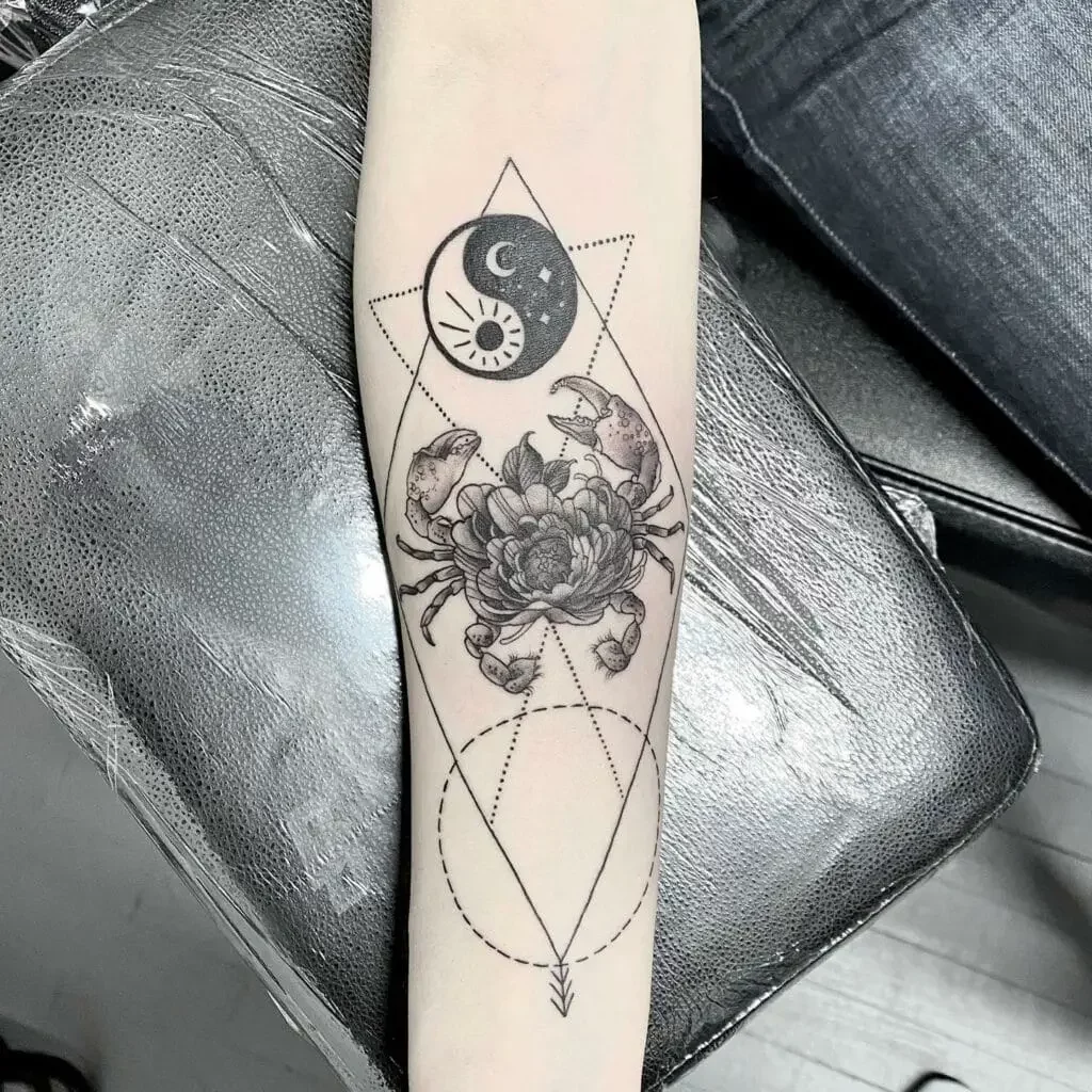 Geometric Cancer Floral Crab Zodiac Sign Yin Yang Arm Tattoo For Girls