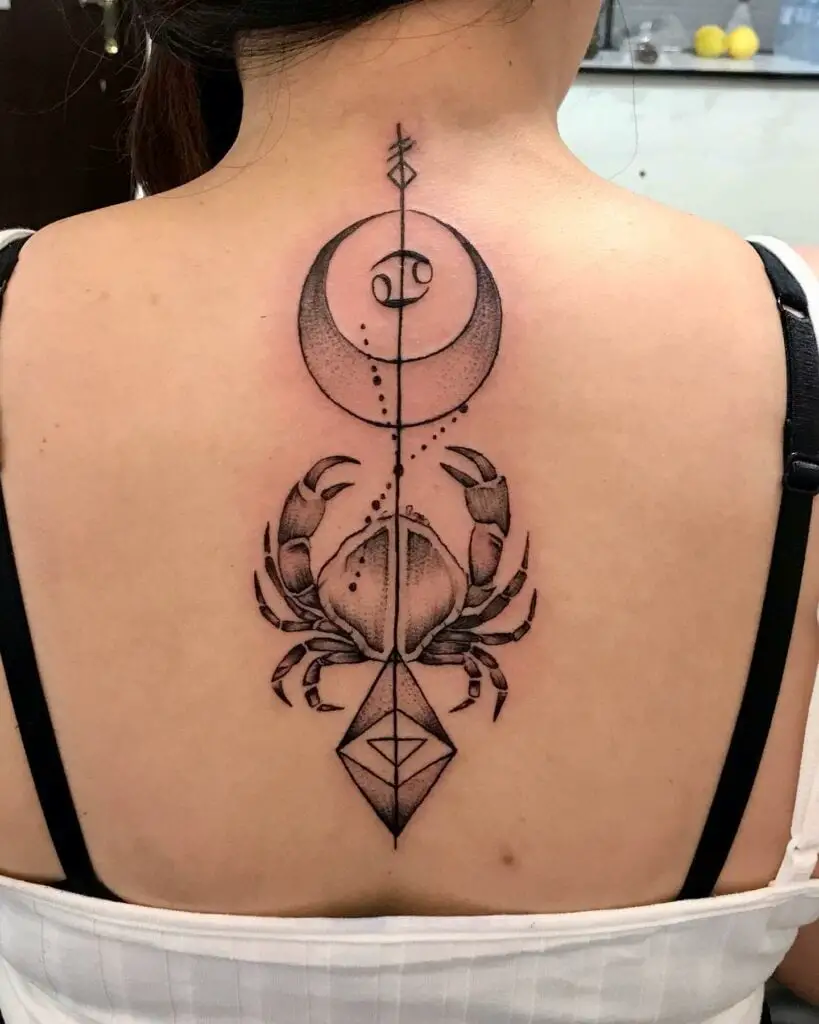 Geometric Cancer Zodiac Sign Back Tattoo Design