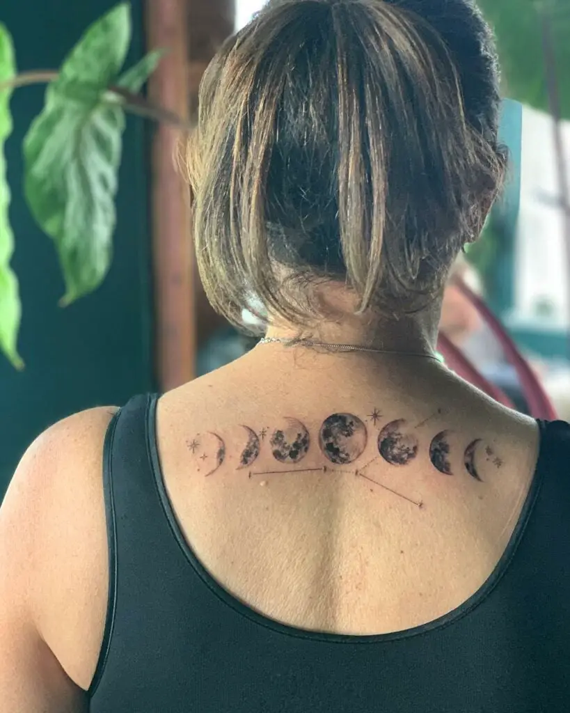 Girl Cancer Zodiac Constellation Moon Phase Back Tattoo