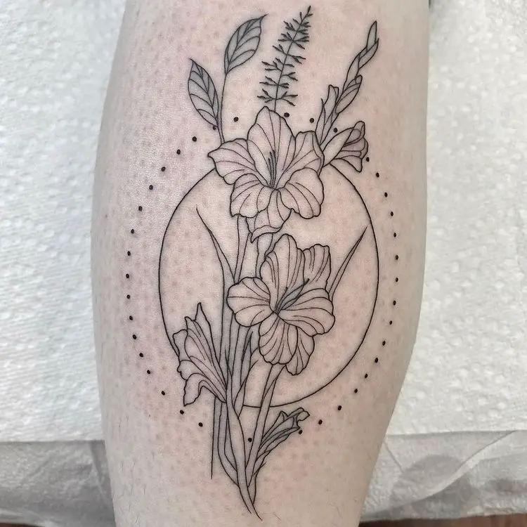 Gladiolus Flower in Circle Line and Dotted Circle Tattoo Design