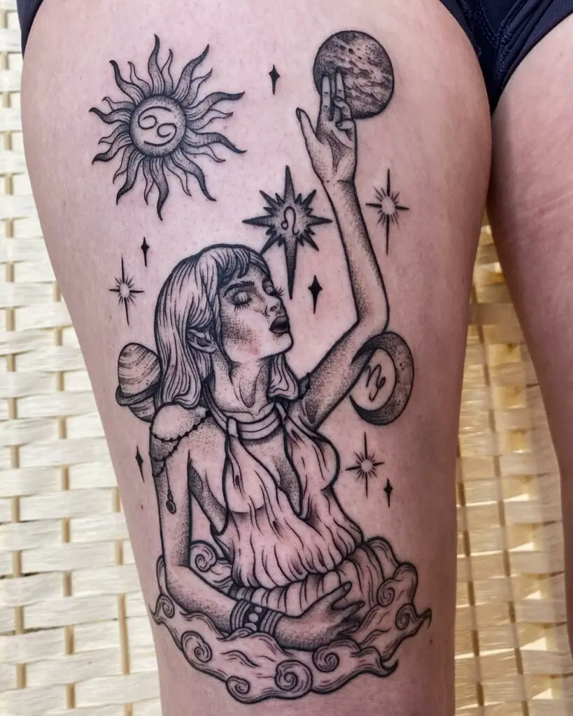Goddess Mother Cancer Zodiac Hip Tattoo