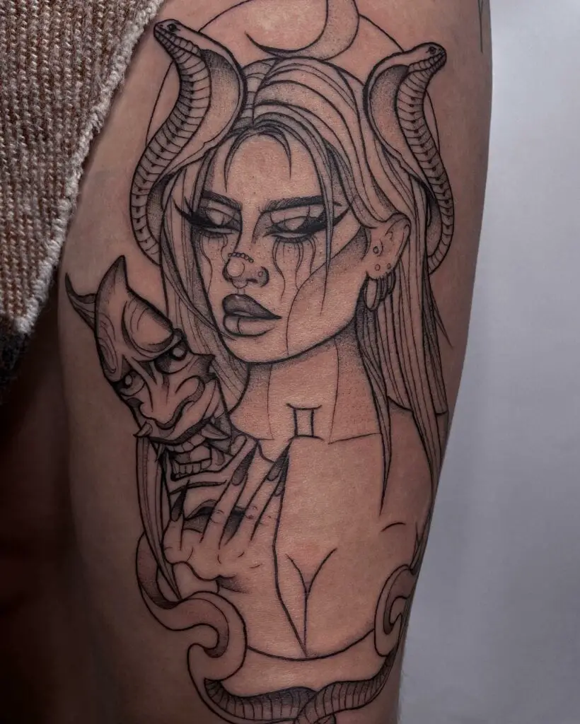 Gorgeous Demon Cancer Zodiac Goddess With Japanese Mask Tattoo