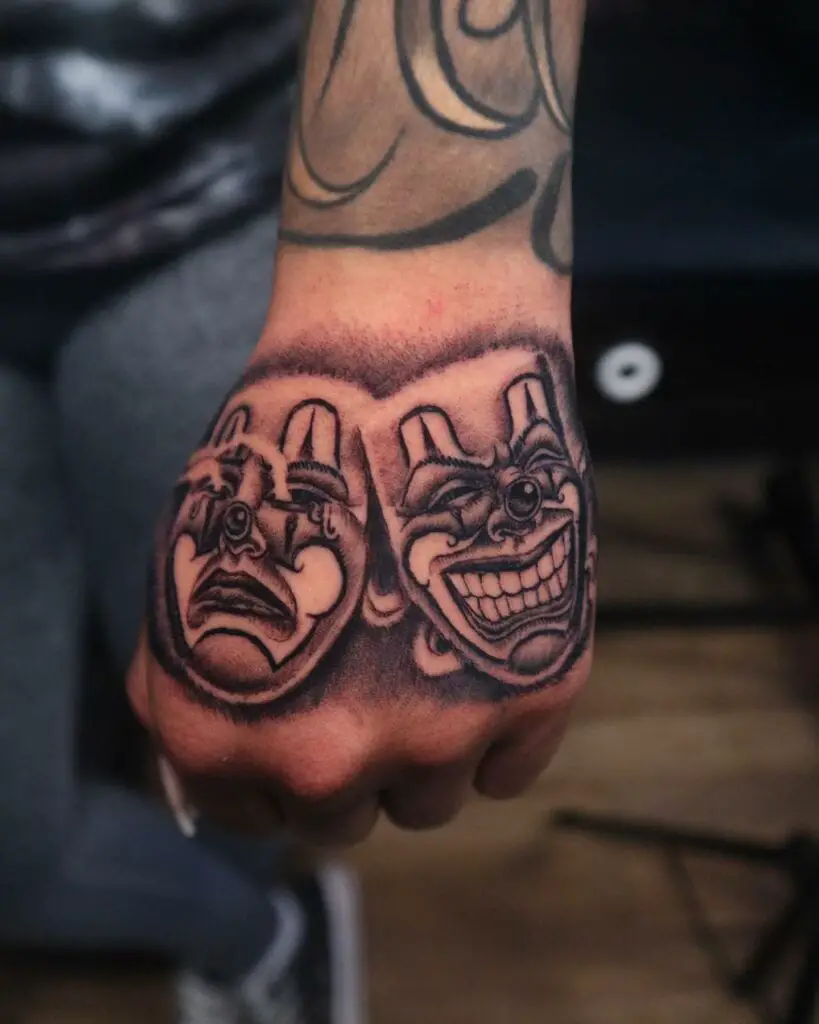 Grey Laugh Now Cry Later Chicano Hand Tattoo