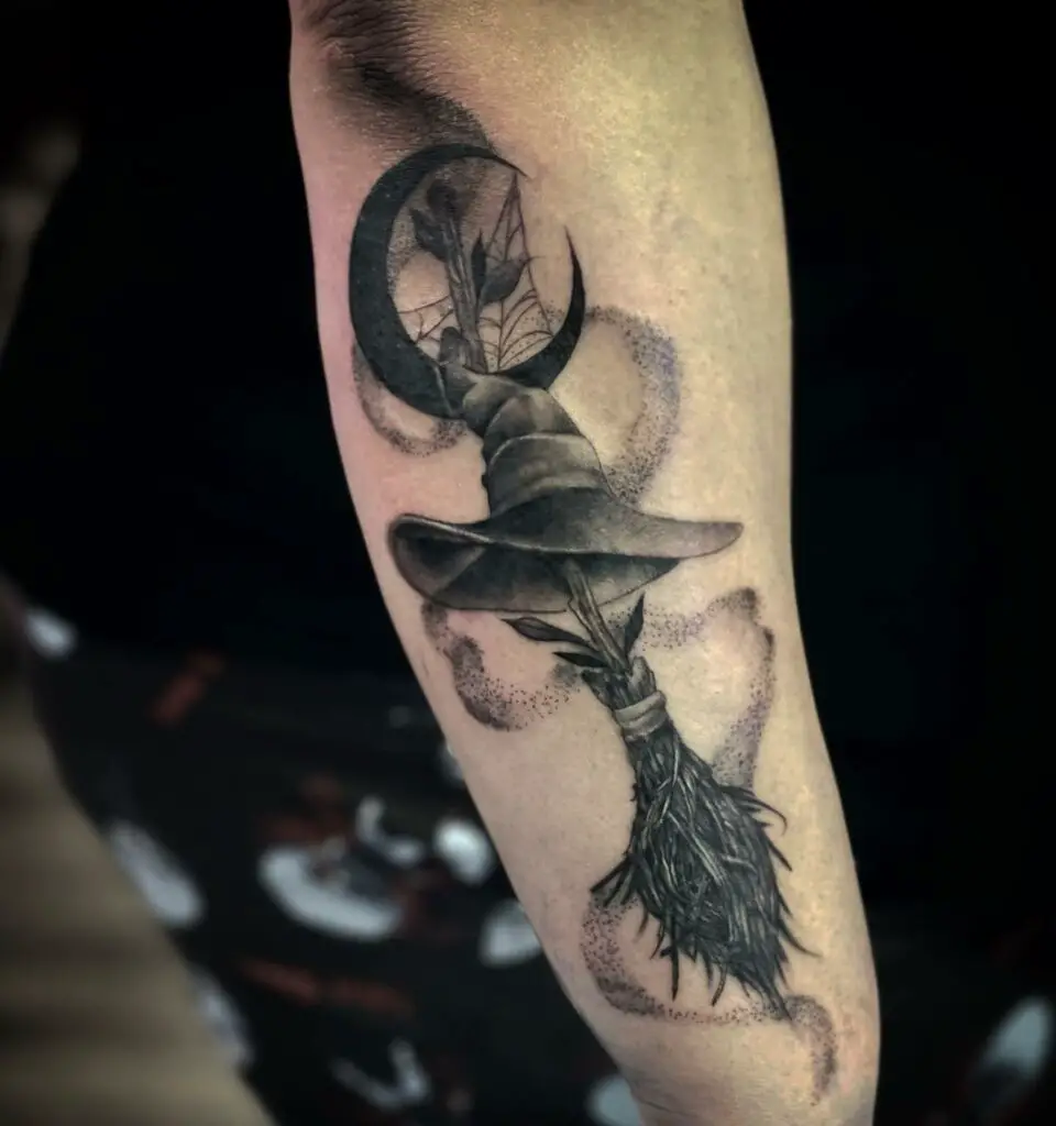 Halloween Broom and Witch Hat Tattoo