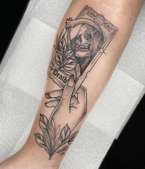 Hands Holding Death Tarot Card Tattoo Piece