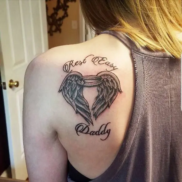 Heart Shape Memorial Angel Wing Back Tattoo