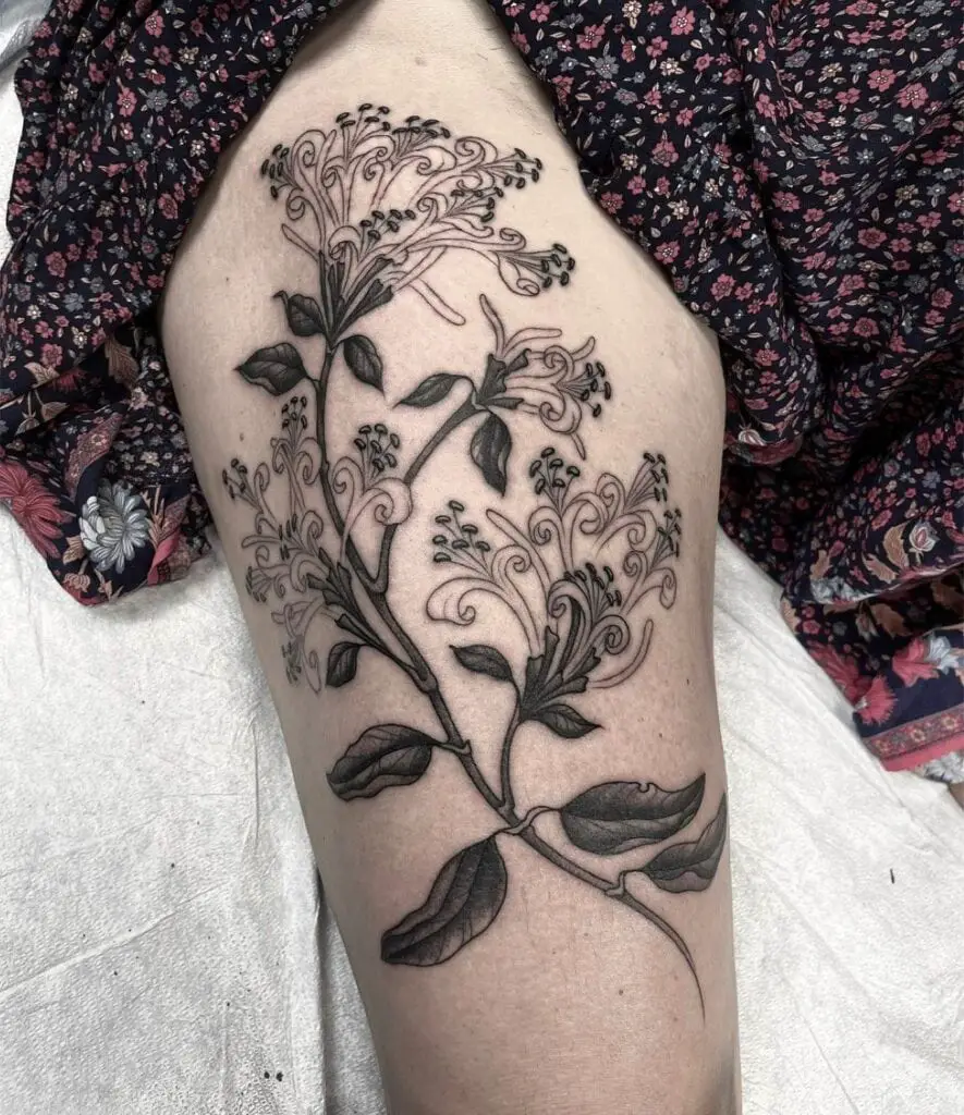 Honeysuckle Flower Leg Tattoo Design