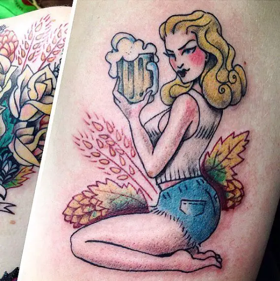 Hot and Sexy Woman with a Beer Glass Tattoo