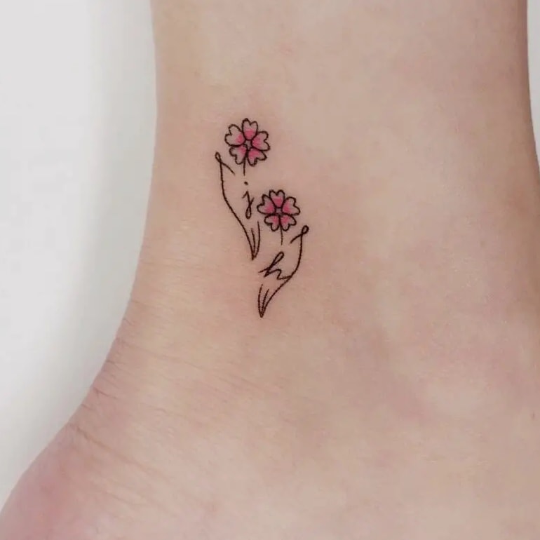 Initials Name Primrose Flower Ankle Tattoo Design