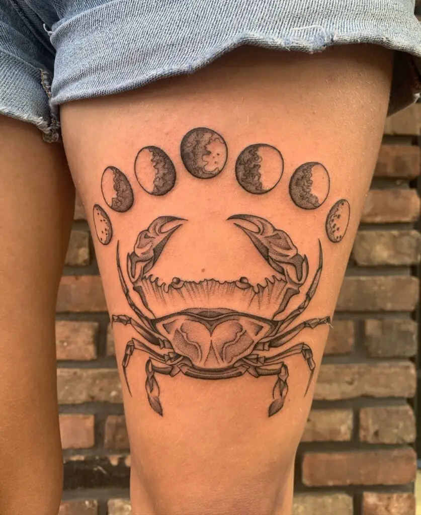 King of the Moon Phase Crab Cancer Leg Tattoo