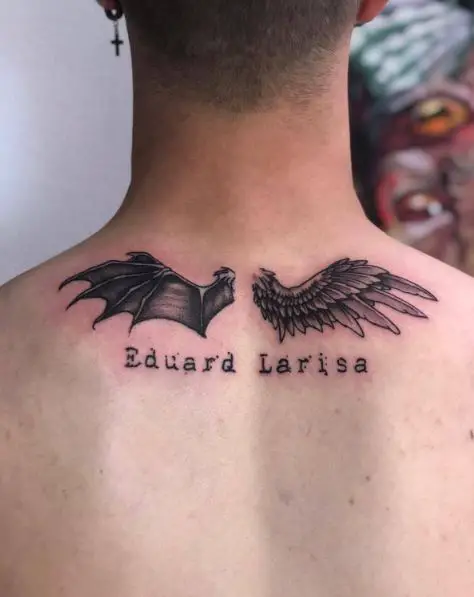 Larisa Heavenly Angel and Eduard Fallen Angel Back Tattoo