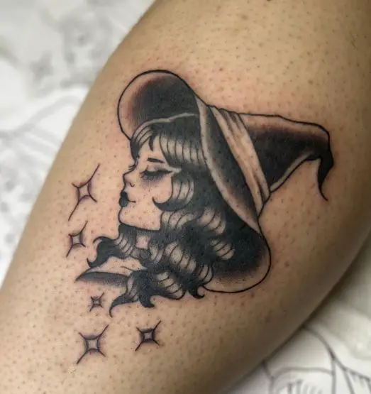 Left Side View Witch With Sparkles Tattoo