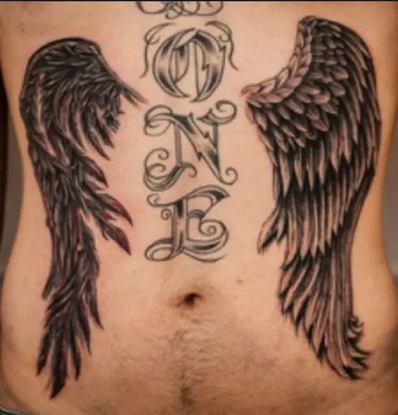Lettering Heavenly Angel And Fallen Angel Wings Tummy Tattoo