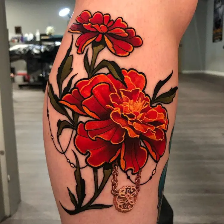 Marigold Flower With Hanging Gold Chains Tattoo