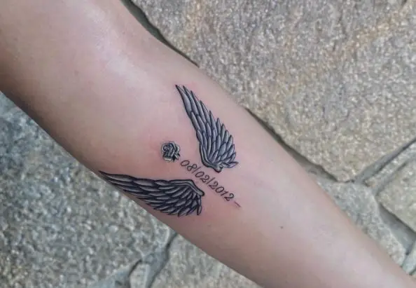 Metal Rose Memorial Angel Wing Arm Tattoo