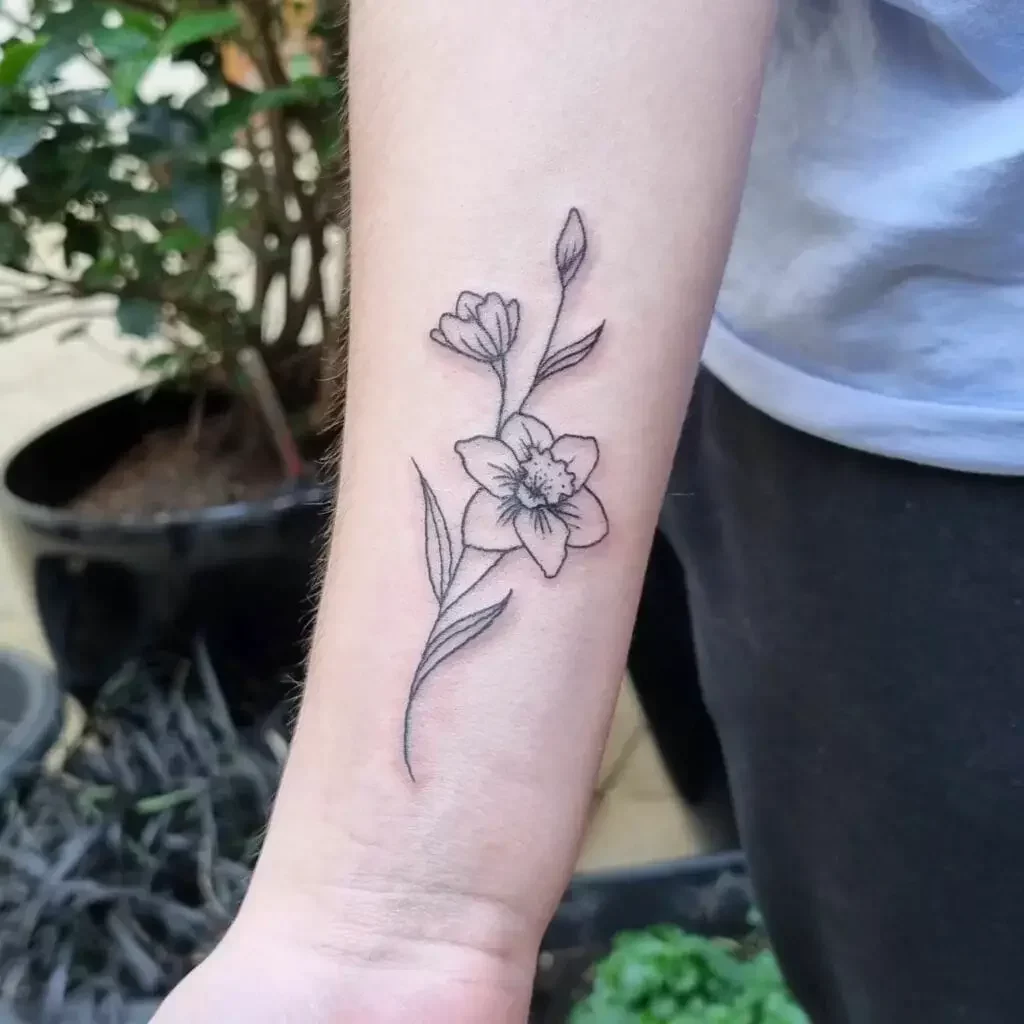 Minimal Line Art Daffodiles Flower Arm Tattoo