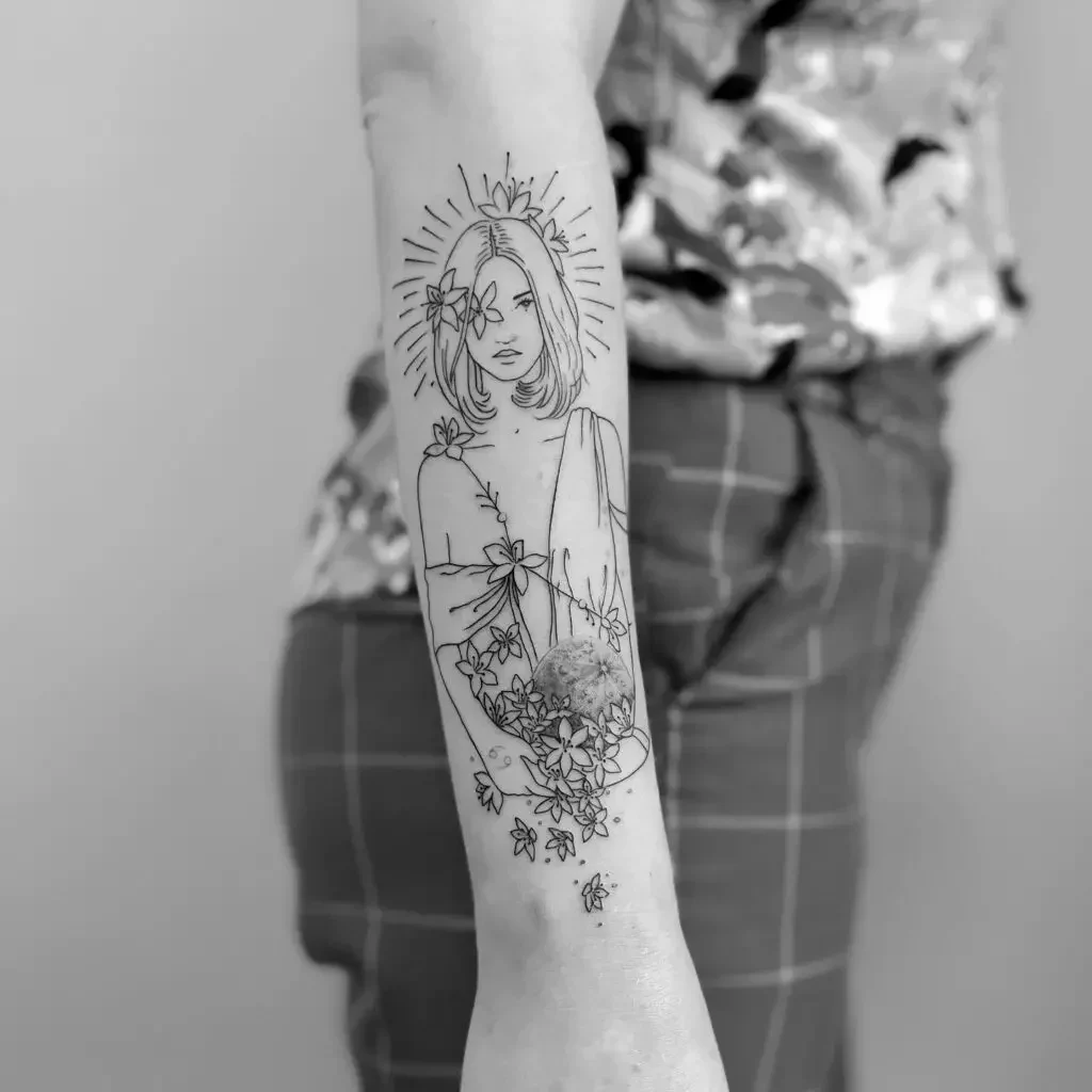 Minimalist Divine Feminine Cancer Zodiac Floral Arm Tattoo
