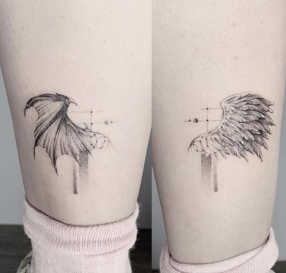 Minimalist Heavenly Angel and Fallen Angel Wings Legs Tattoo