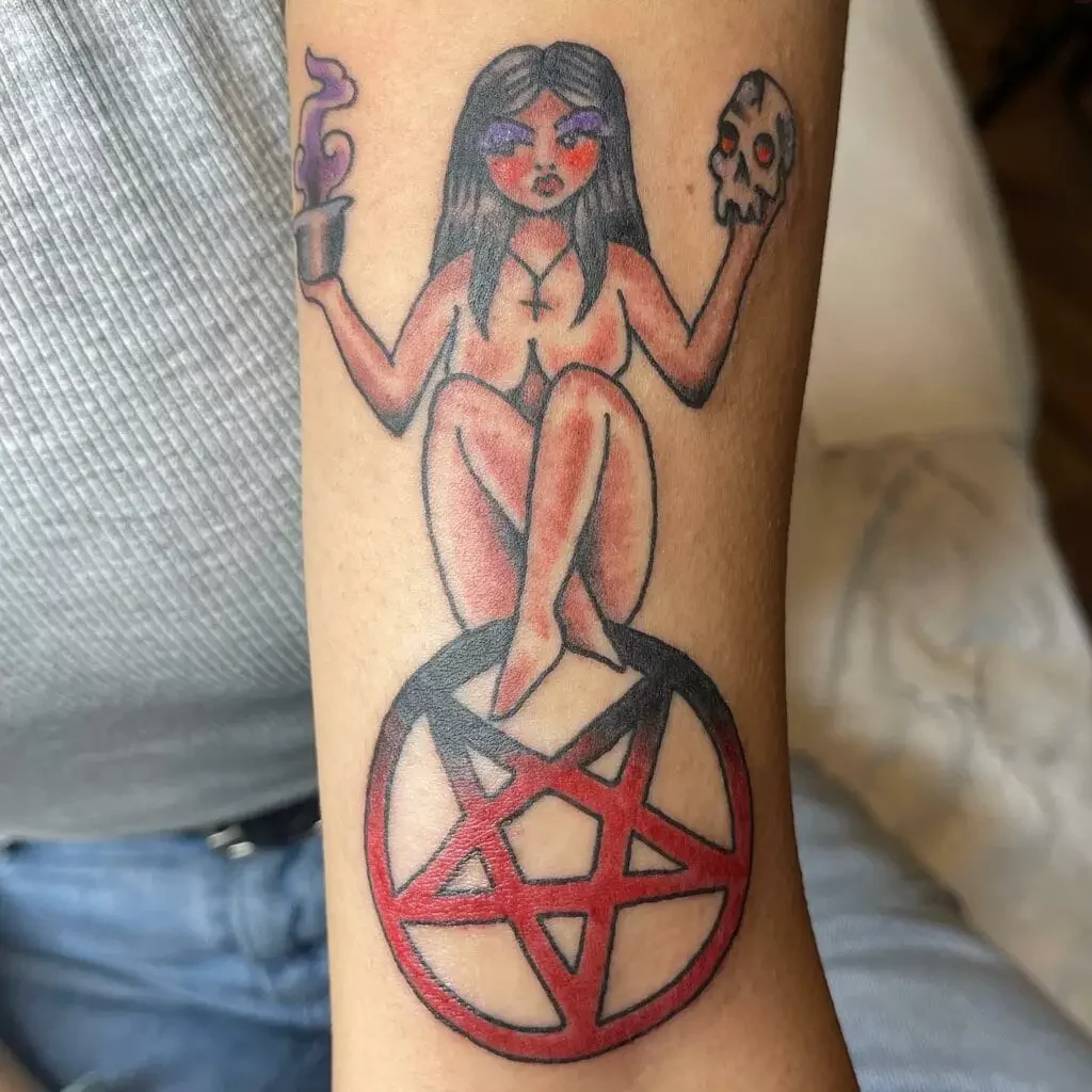 Naked Witch Sitting at the Top of Pentagram Tattoo