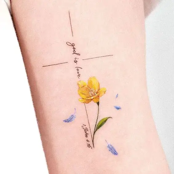 Narcissus Flower With Cross and Bible Verse Tattoo