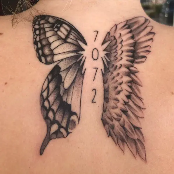 Number Butterfly And Angel Wing Back Tattoo