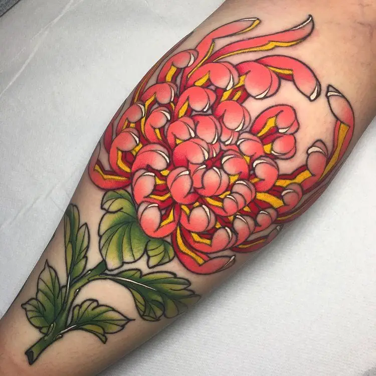 Passion Red Chrysanthemum Flower Arm Tattoo