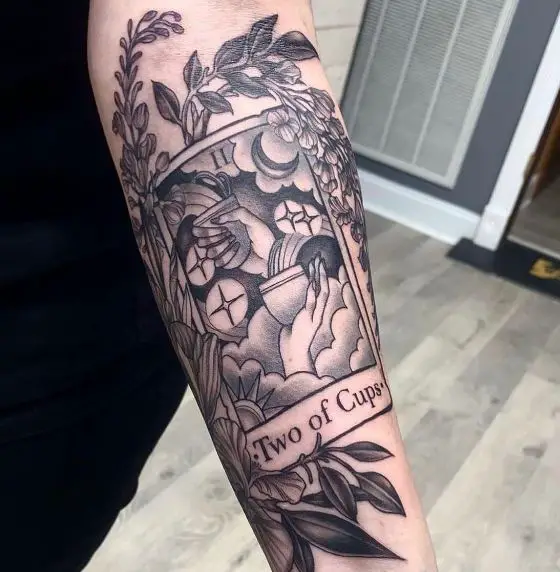 Plants and Florals Two of Cups Tarot Card Tattoo