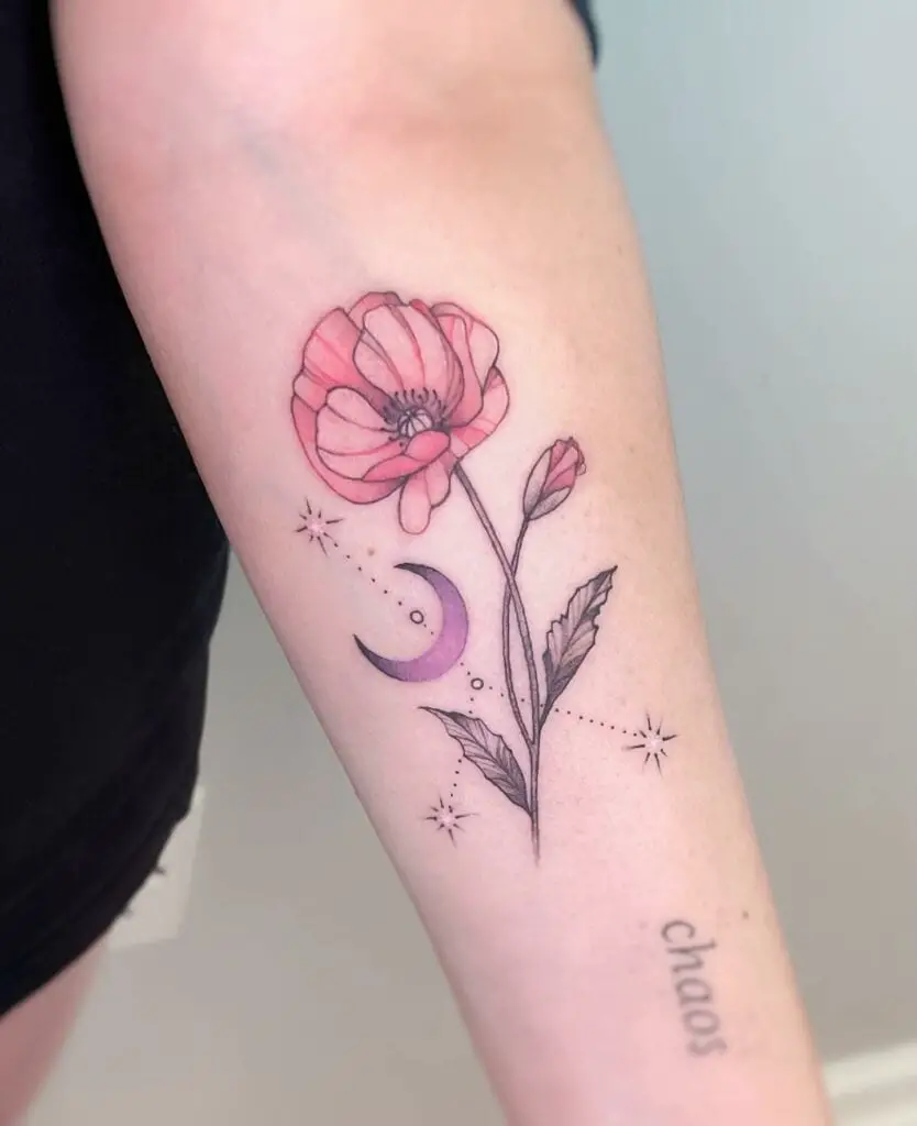 Poppy Flower Constellation Crescent Moon Arm Tattoo