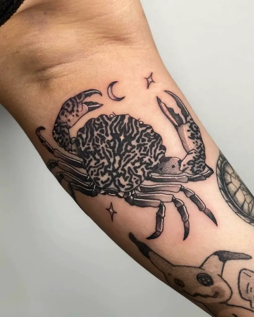 Realistic Black Crab Skin Texture With Star And Moon Cancer Zodiac Sign Tattoo Design
