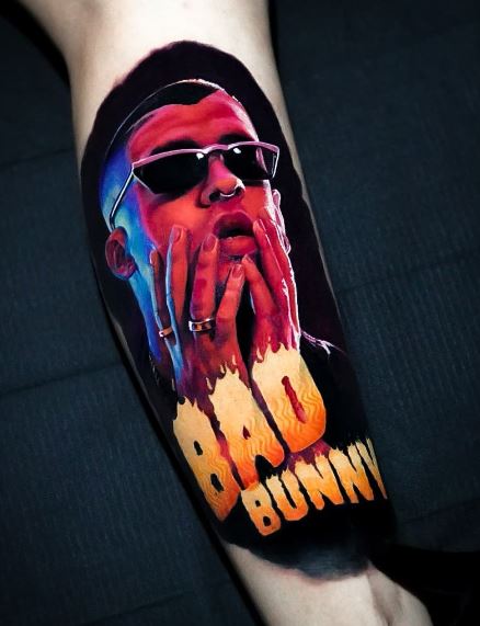Realistic Colorful Bad Bunny Leg Tattoo