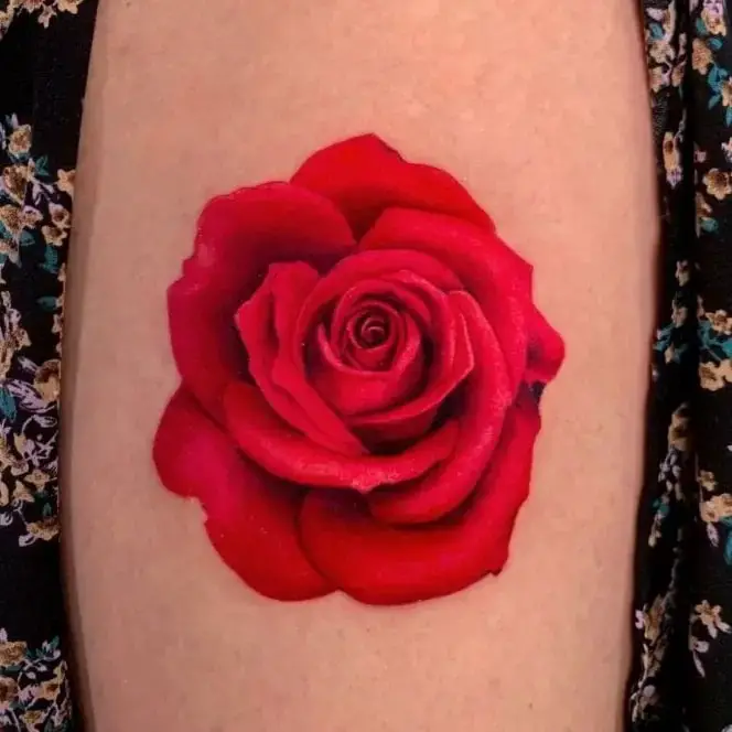 Realistic One Bright Red Rose Flower Tattoo Design