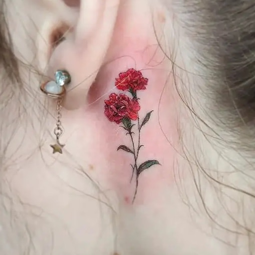 Red Carnation Flower Ear Tattoo Design