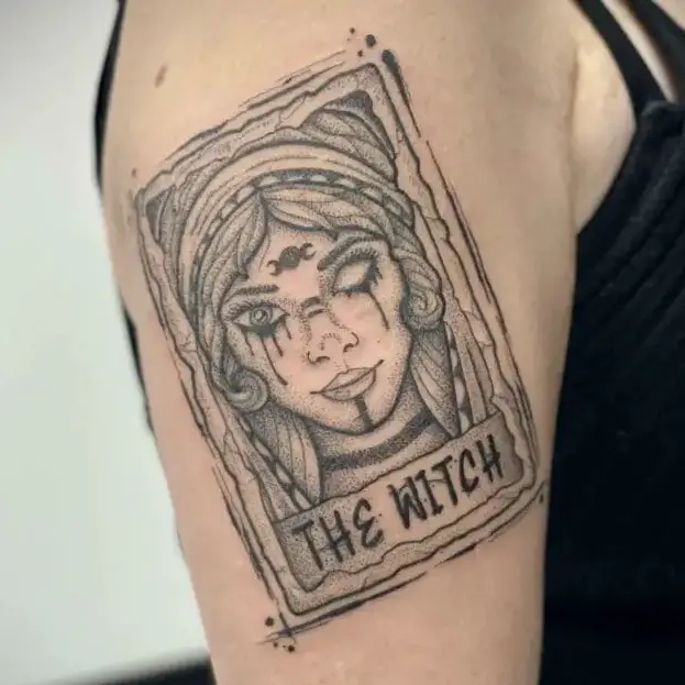 Right Blind Eye Witch Tarot Card Arm Tattoo