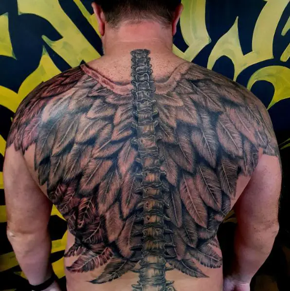 Scaring Fallen Angel Wing Full Back Tattoo
