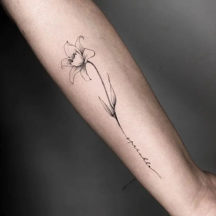 Script Narcissus Flower Arm Tattoo