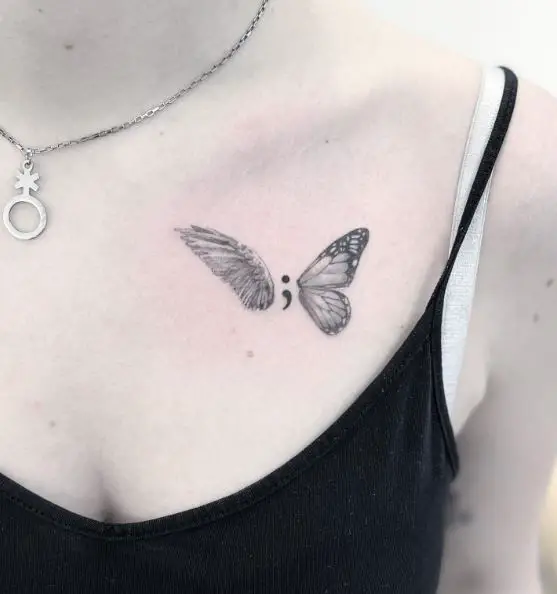 Semicolon Butterfly And Angel Wing Collarbone Tattoo