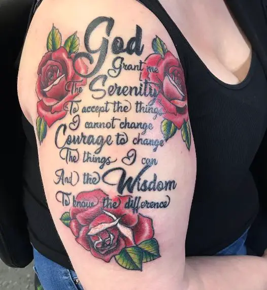Serenity Prayer with Roses Arm Tattoo
