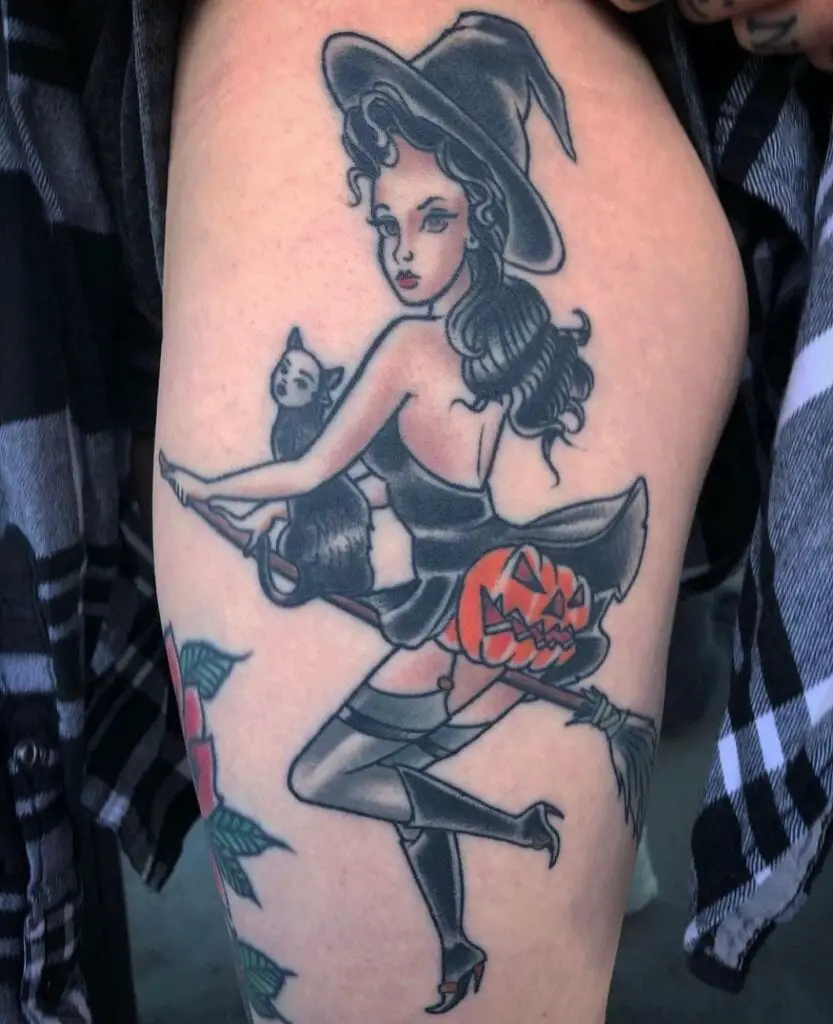 Short Dress Witch and Masked Cat Tattoo
