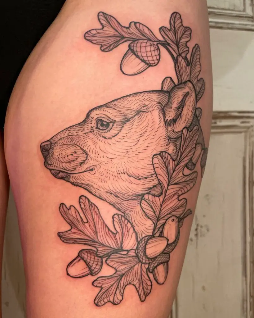 Side Profile of a Bear with Acorns Tattoo