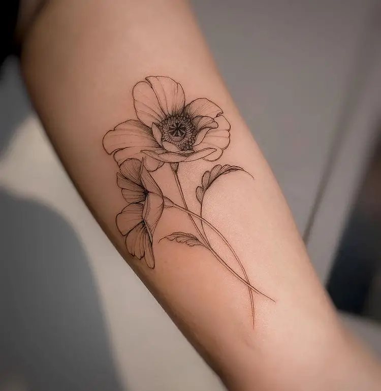 Sketch Line Poppy Flower Tattoo Design