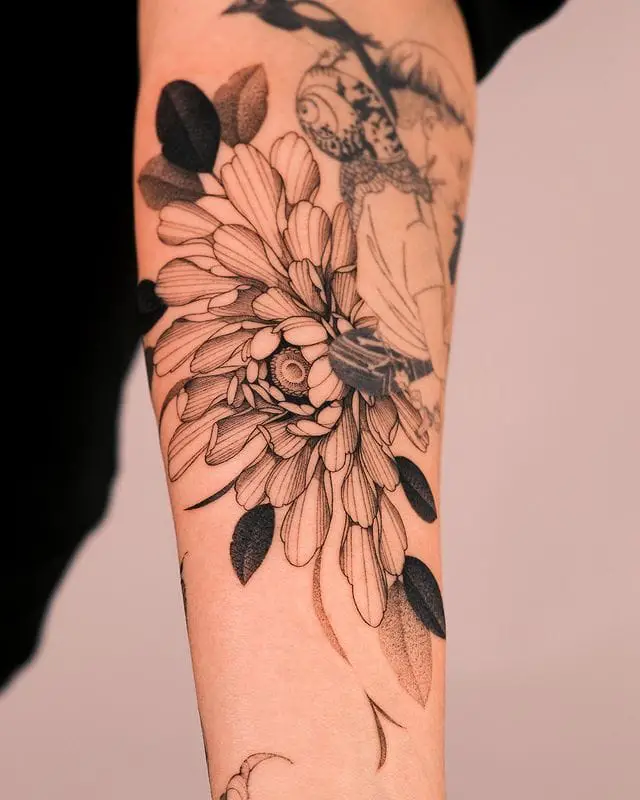 Sketch Style Chrysanthemum Flower Arm Tattoo