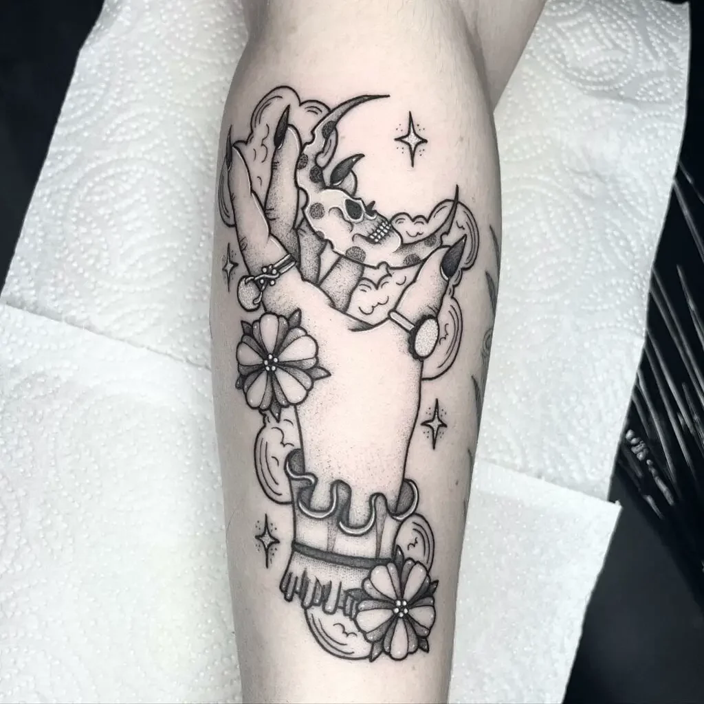 Skull Moon and Witch Hand with rings Tattoo