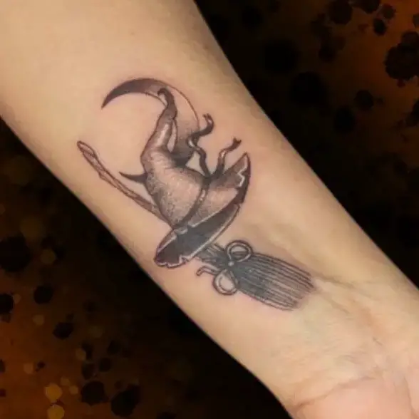 Small Witch Hat and Broom With Crescent Moon Tattoo