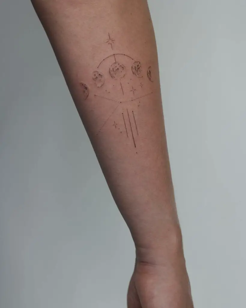 Thin Outline Constellation Moon Phase Cancer Arm Tattoo
