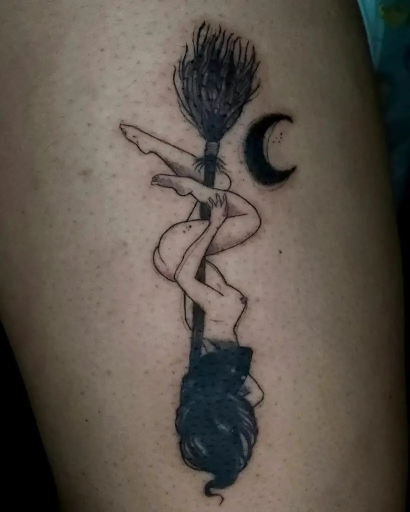 Upside Down Witch Hanging Broom Tattoo